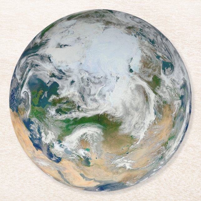 Earth Showing The Arctic, Europe And Asia. Round Paper Coaster (Front)