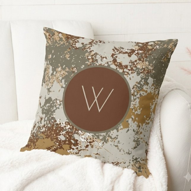 Earth Tone Abstract Grunge Minimalist Monogram Cushion (This personalized throw pillow with a rustic monogram is the perfect housewarming gift for a friend)