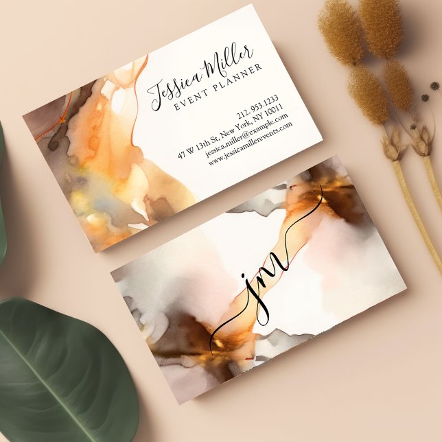 Earth-Tone And Gold Abstract Watercolor Monogram   Business Card (Creator Uploaded)