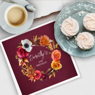 Earth Tone Burgundy Fall Flowers 40th Birthday Napkin