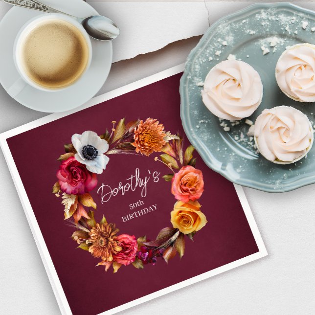 Earth Tone Burgundy Fall Flowers 50th Birthday Napkin (Add a personalized napkin to your 50th birthday party table to create a unique experience!)