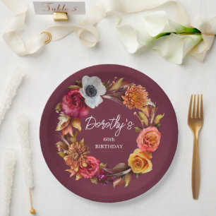 Earth Tone Burgundy Fall Flowers 60th Birthday Paper Plate