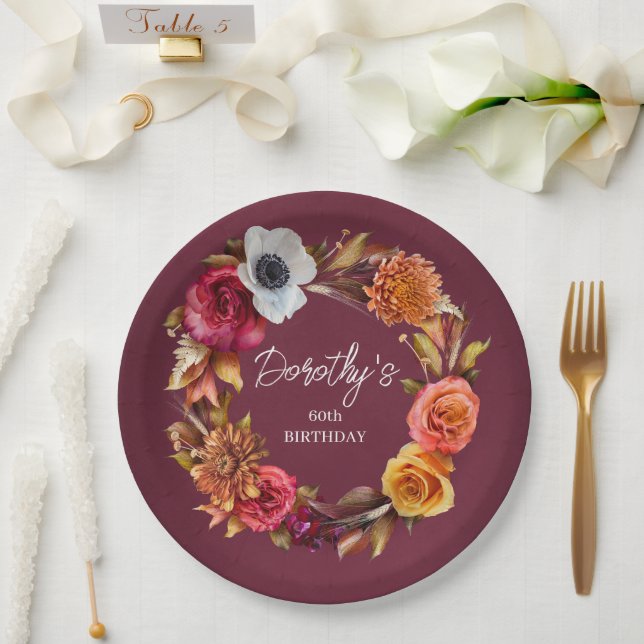 Earth Tone Burgundy Fall Flowers 60th Birthday Paper Plate (Wedding)