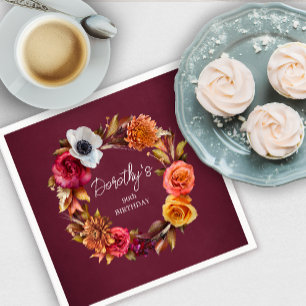 Earth Tone Burgundy Fall Flowers 90th Birthday Napkin