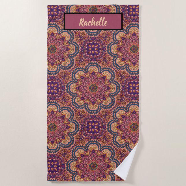 Earth Tone Coloured Mandala Pattern Monogrammed Beach Towel (Front)