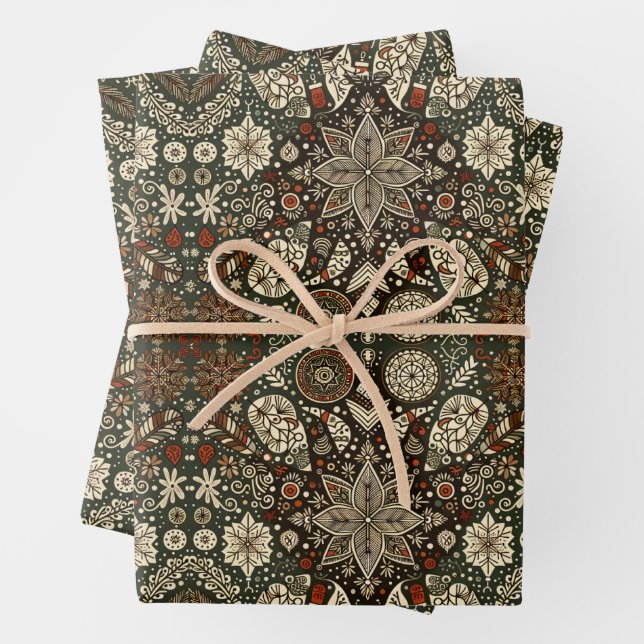 Earth Tone Cream and Brown Holiday Snowflake Wrapping Paper Sheet (In situ)