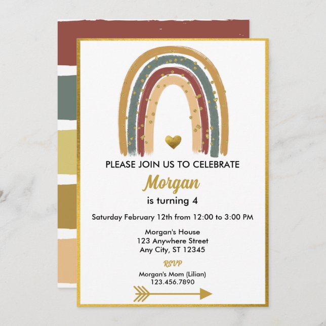 Earth Tone Golden Glitter Boho Rainbow Birthday Invitation (Front/Back)