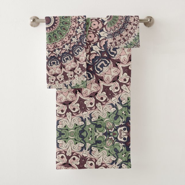 Earth Tone Green and Brown Mandala Pattern Bath Towel Set (Insitu)