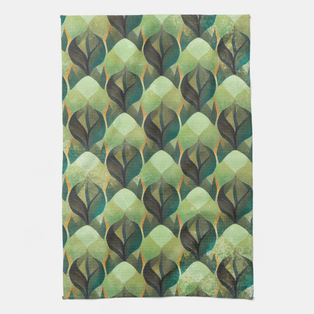 Earth Tone Green Geometric Vintage Pattern Tea Towel (Vertical)
