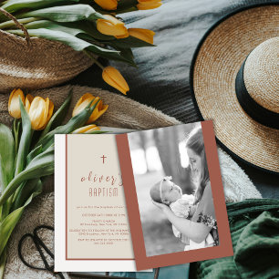 Earth Tone Modern Cross Christening Photo Baptism Invitation