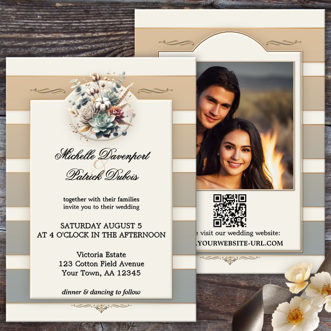 Earth Tone Striped Floral Photo Wedding Invitation (Modern photo wedding invitation featuring an elegant striped design in pastel earth tones + QR code)