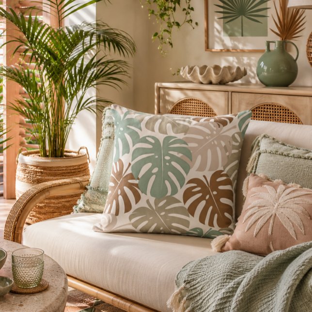 Earth Tone Tropical Monstera Leaves Pattern Cushion (Creator Uploaded)