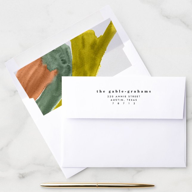 Earth Tone Watercolor Lined Envelope (Warm, earth toned watercolor lined return address envelope.)