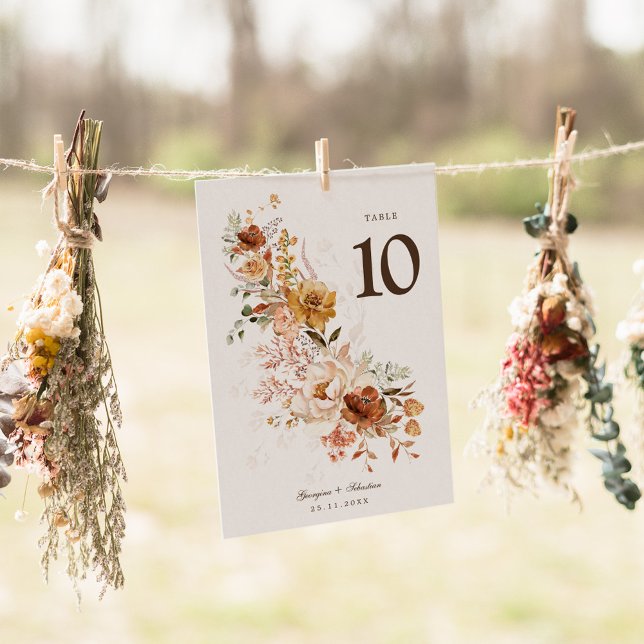 Earth Tone Wildflower Wedding Table Number Card (Creator Uploaded)