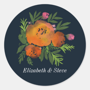 Earth Tones Burnt Orange Navy Floral Wedding Classic Round Sticker