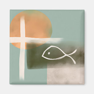 Earth tones cross and fish minimalist art magnet
