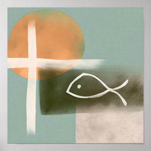 Earth tones cross and fish minimalist art  poster