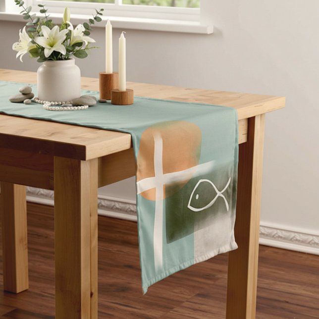 Earth tones cross and fish minimalist art  short table runner (Creator Uploaded)