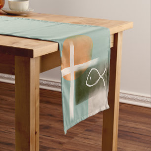 Earth tones cross and fish minimalist art  short table runner