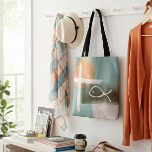 Earth tones cross and fish minimalist art  tote bag