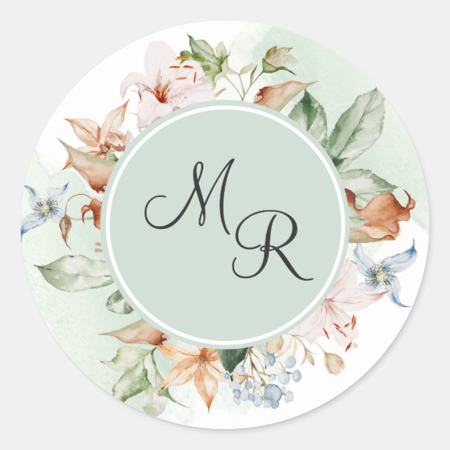 Earth Tones Floral, Green Monogram Envelope Seal (Front)