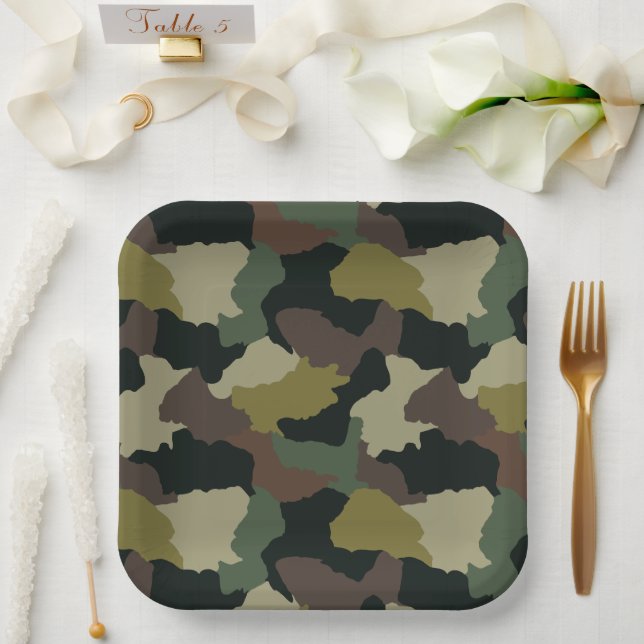 Earth Tones Green Brown Camouflage Paper Plate (Wedding)