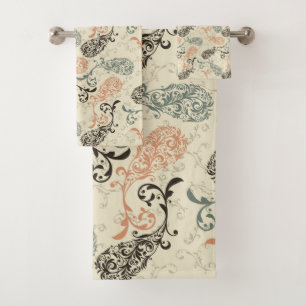 Earth Tones Paisley Tan Grey Black Bath Towel Set