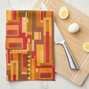 Earth tones red orange brown abstract pattern tea towel