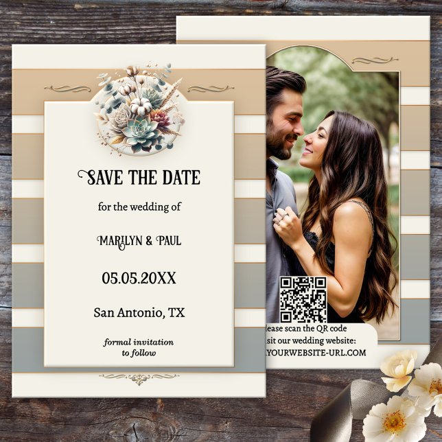 Earth Tones Striped Floral Photo Save the Date  (Wedding Photo Save the Date card featuring an elegant striped design in pastel earth tones)