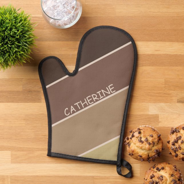 Earth tones stripes and custom name oven mitt (Top down)