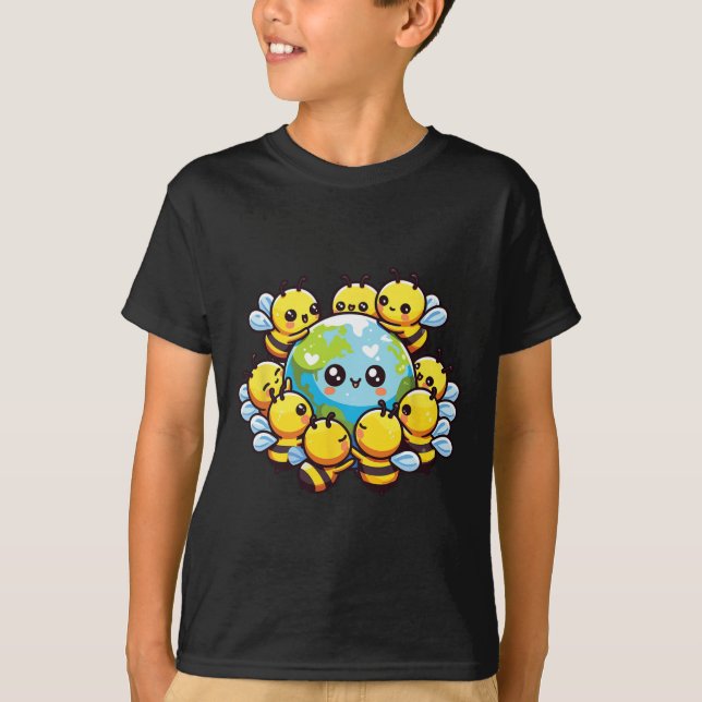 Earth World Globe Bee Kawaii Bees  T-Shirt (Front)