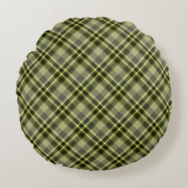 Earthen Green Plaid Round Decorative Pillow (Front)