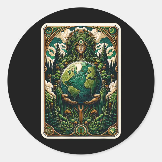 Earth's Guardian Enchanting Nature Art Tarot Card  Classic Round Sticker (Front)