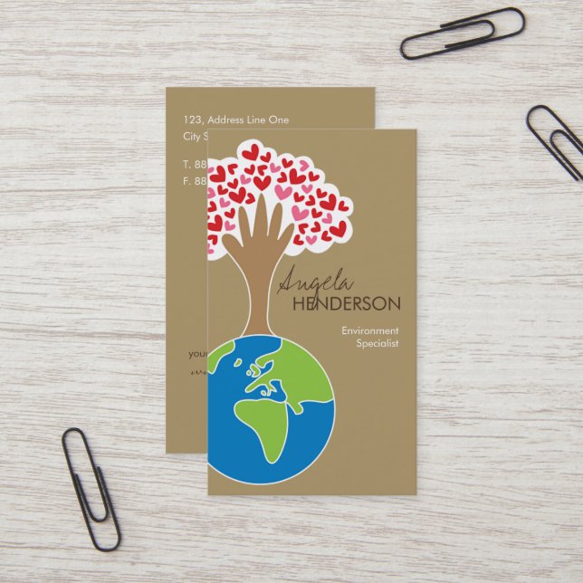Earth's Hand And Red & Pink Hearts Tree Of Love Business Card (Front/Back In Situ)