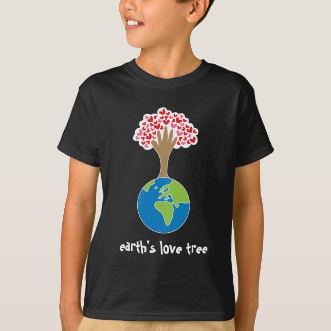 Earth's Hand And Red & Pink Hearts Tree Of Love T-Shirt (Front)
