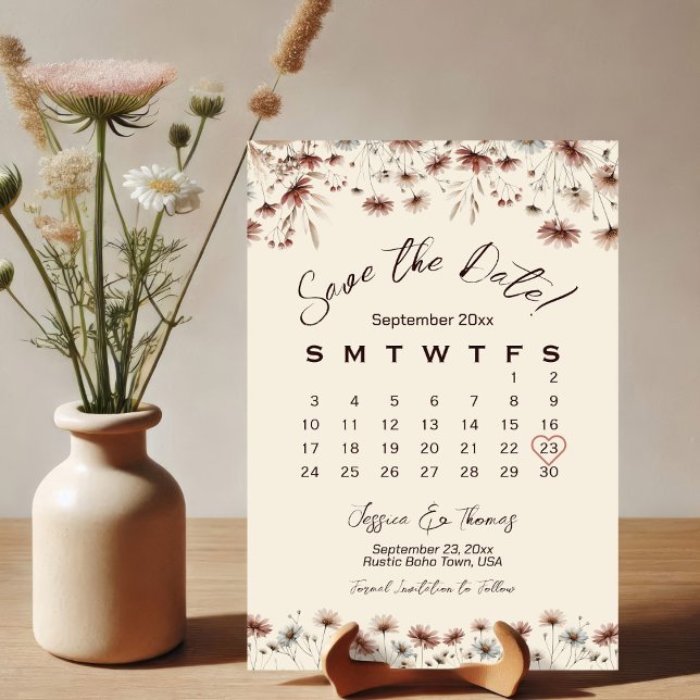 Earthtone Boho Chic Wildflowers Wedding Calendar Save The Date (Creator Uploaded)