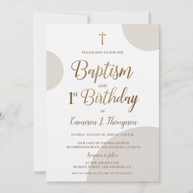 Earthtone Gold Baby Boy Baptism 1st Birthday Invitation (Front)