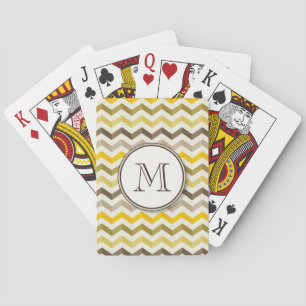 Earthtone Gold Chevron Stripes with Round Monogram Playing Cards