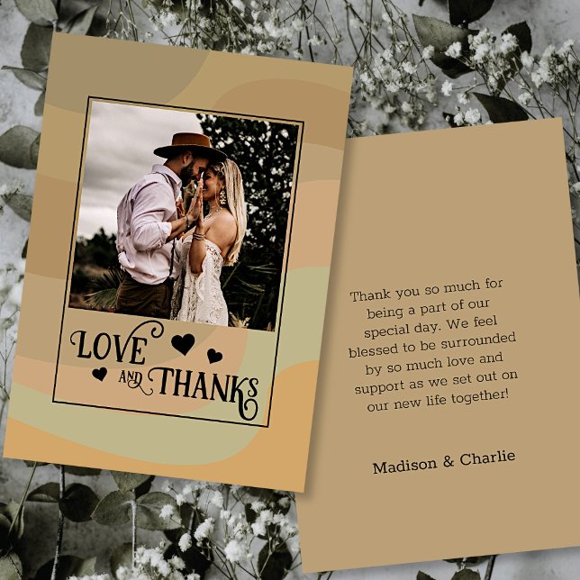 Earthtone Retro Swirls Love & Thanks Wedding Photo Thank You Card (In Situ Front and Back)