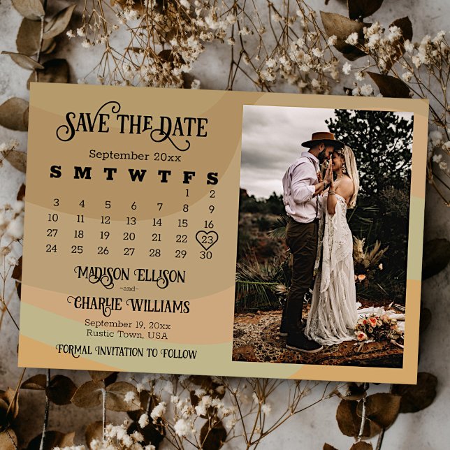 Earthtone Retro Swirls Wedding Calendar & Photo Save The Date (In Situ with Eucalyptus)