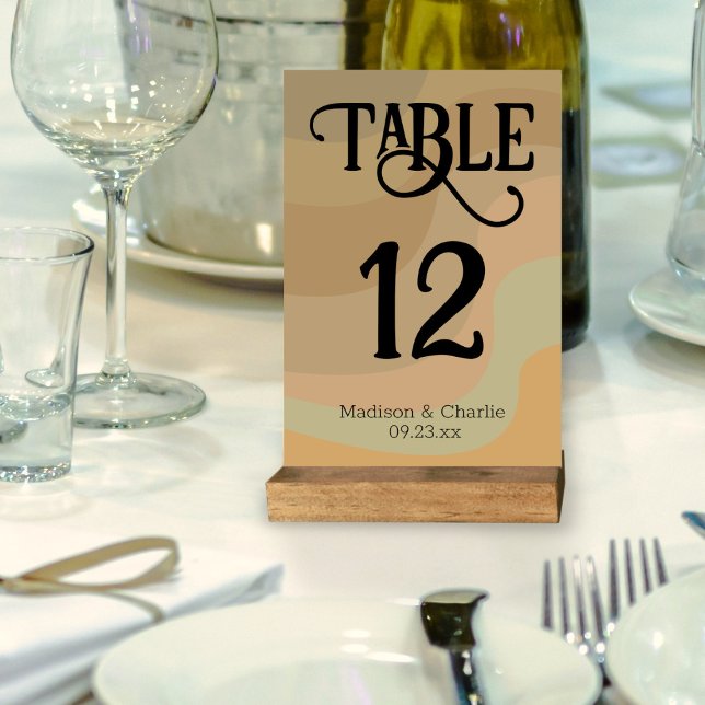 Earthtone Retro Swirls Wedding Table Number (In Situ on Stand at Table)