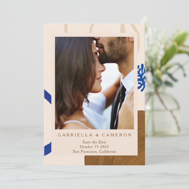 Earthy Abstract Fall Neutrals Blue Photo Wedding Save The Date (Standing Front)