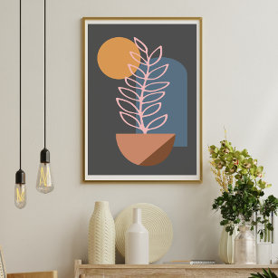 Earthy Abstract Geometric Botanical Art in Grey Poster