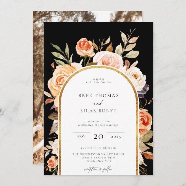 Earthy Autumn Botanical Floral Arch Frame Wedding  Invitation (Front/Back)
