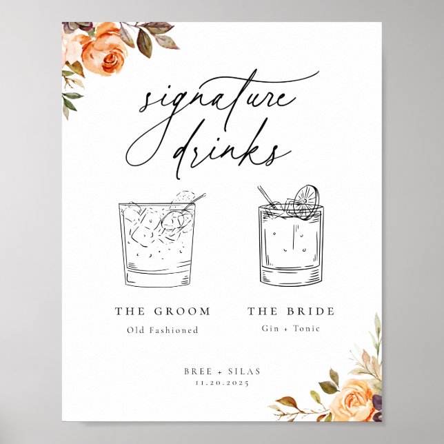 Earthy Autumn Floral Minimalist Signature Drinks Poster (Front)