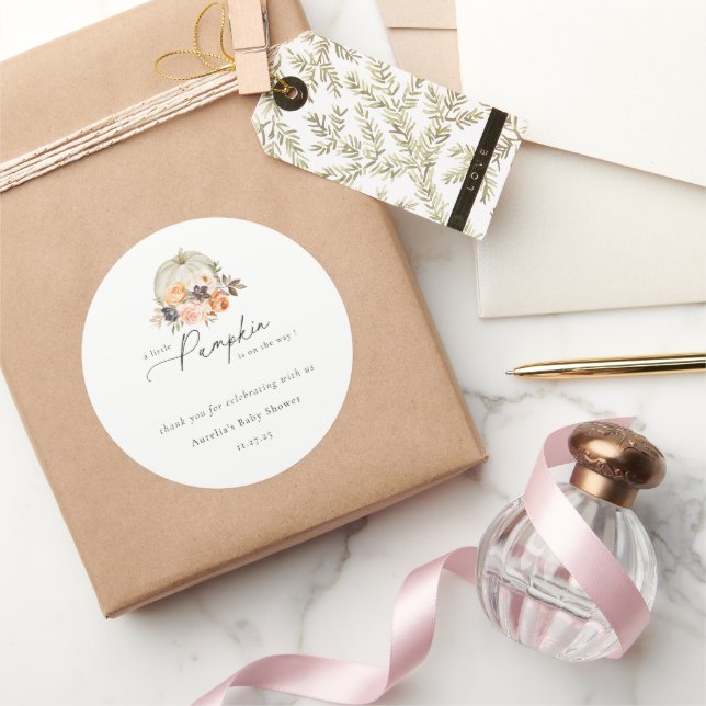 Earthy Autumn Floral Pumpkin Baby Shower Thank You Classic Round Sticker (Gifting)