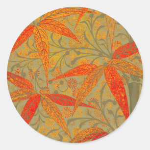 Earthy Bamboo Art Vintage Print Orange  Classic Round Sticker