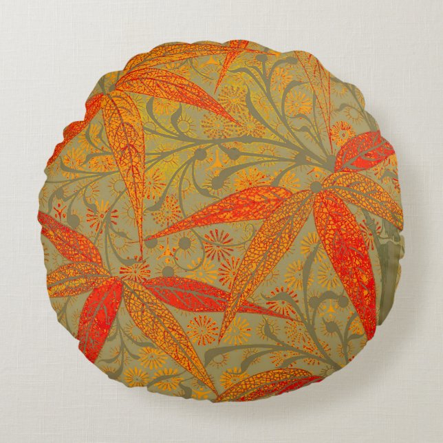 Earthy Bamboo Art Vintage Print Orange  Round Cushion (Front)