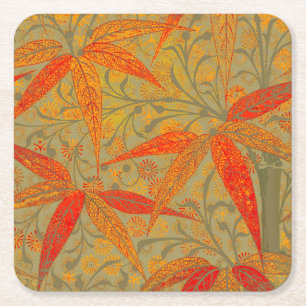 Earthy Bamboo Art Vintage Print Orange  Square Paper Coaster