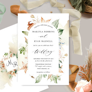Earthy Blooms Beige Stains, Elegant Arch Wedding I Invitation